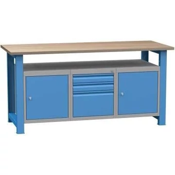 Munkaasztal, szélesség x mélység x magasság: 1700x700x827 mm, kék RAL5012, 3 fiók, 2 szekrény