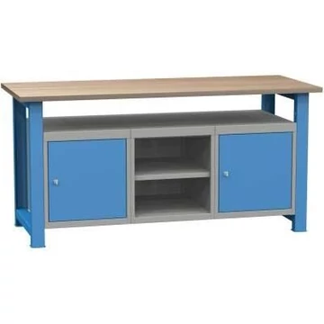 Munkaasztal, szélesség x mélység x magasság: 1700x700x827 mm, kék RAL5012, 1 polc, 2 szekrény