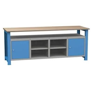 Munkaasztal, szélesség x mélység x magasság: 2100x700x827 mm, kék RAL5012, 2 polc, 2 szekrény