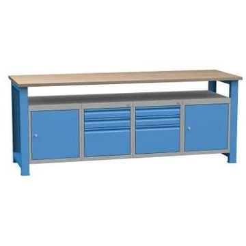 Munkaasztal, szélesség x mélység x magasság: 2100x700x827 mm, kék RAL5012, 2x3 fiók, 2 szekrény