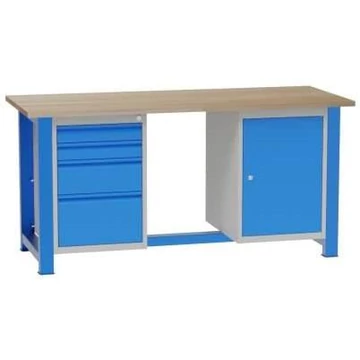 Munkaasztal, szélesség x mélység x magasság: 1700x700x827 mm, kék RAL5012, 4 fiók, 1 szekrény