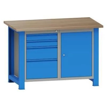 Munkaasztal, szélesség x mélység x magasság: 1200x700x827 mm, kék RAL5012, 4 fiók, 1 szekrény