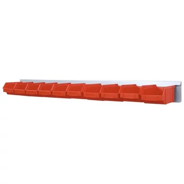 Függesztősín, nyitott elülső tárolódobozokkal, TechBox, hosszú: 819 mm, dobozok száma 10 darab, piros