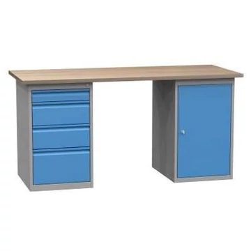 Munkaasztal, szélesség x mélység x magasság: 1700x700x827 mm, kék RAL5012 / szürke RAL7035, 4 fiók, 1 szekrény