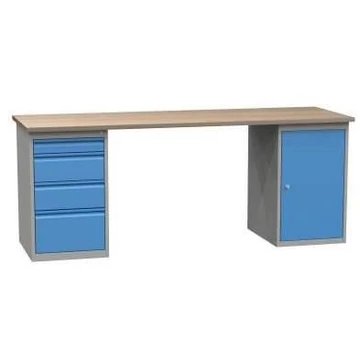 Munkaasztal, szélesség x mélység x magasság: 2100x700x827 mm, kék RAL5012 / szürke RAL7035, 4 fiók, 1 szekrény