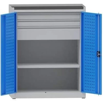 Műhelyszekrény perforált panelekkel, 1 polc, 3 fiók, ma x sz x mé: 1170x950x500 mm, világosszürke RAL7035 / világoskék RAL5012