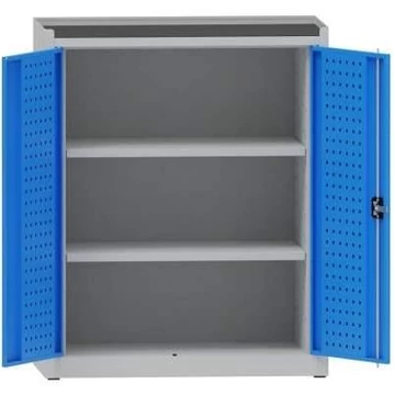 Műhelyszekrény perforált panelekkel, 2 polccal, ma x sz x mé: 1170x950x500 mm, világosszürke RAL7035 / világoskék RAL5012