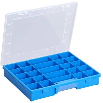 Kisméretű alkatrész-választék tok 370 x 295 x 60 mm, kék, 25 fix rekesz, 6 db.