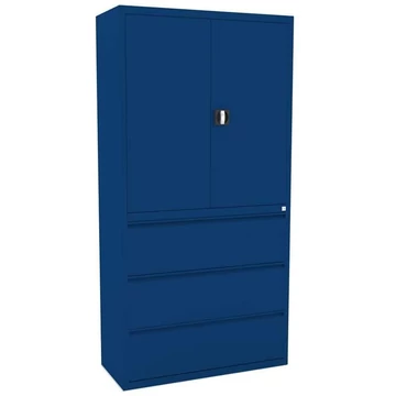 Acél polcszekrény irattartóval, 3 fiók + szekrény 999 mm, kék színű RAL5010