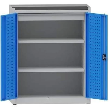 Műhelyszekrény perforált panelekkel, 2 polc, 1 fiók, ma x sz x mé: 1170x950x500 mm, világosszürke RAL7035 / világoskék RAL5012