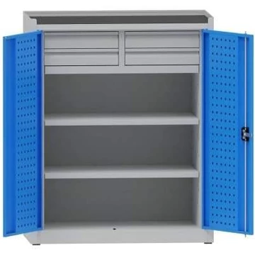 Műhelyszekrény perforált panelekkel, 2 polc, 4 fiók, ma x sz x mé: 1170x950x500 mm, világosszürke RAL7035 / világoskék RAL5012