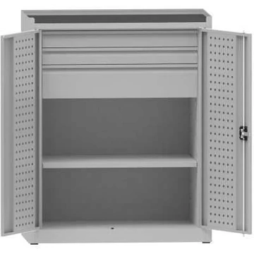 Műhelyszekrény perforált panelekkel, 1 polc, 3 fiók, ma x sz x mé: 1170x950x500 mm, világosszürke RAL7035
