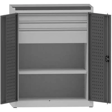 Műhelyszekrény perforált panelekkel, 1 polc, 3 fiók, ma x sz x mé: 1170x950x500 mm, világosszürke RAL7035 / antracit RAL7016