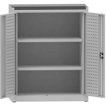 Műhelyszekrény perforált panelekkel, 2 polccal, ma x sz x mé: 1170x950x500 mm, világosszürke RAL7035