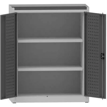 Műhelyszekrény perforált panelekkel, 2 polccal, ma x sz x mé: 1170x950x500 mm, világosszürke RAL7035 / antracit RAL7016