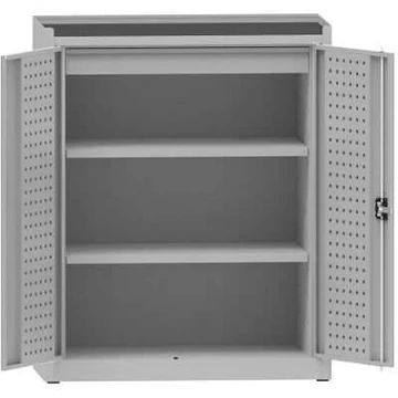 Műhelyszekrény perforált panelekkel, 2 polc, 1 fiók, ma x sz x mé: 1170x950x500 mm, világosszürke RAL7035