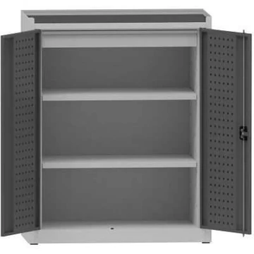 Műhelyszekrény perforált panelekkel, 2 polc, 1 fiók, ma x sz x mé: 1170x950x500 mm, világosszürke RAL7035 / antracit RAL7016