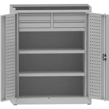 Műhelyszekrény perforált panelekkel, 2 polc, 4 fiók, ma x sz x mé: 1170x950x500 mm, világosszürke RAL7035