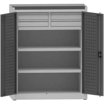 Műhelyszekrény perforált panelekkel, 2 polc, 4 fiók, ma x sz x mé: 1170x950x500 mm, világosszürke RAL7035 / antracit RAL7016