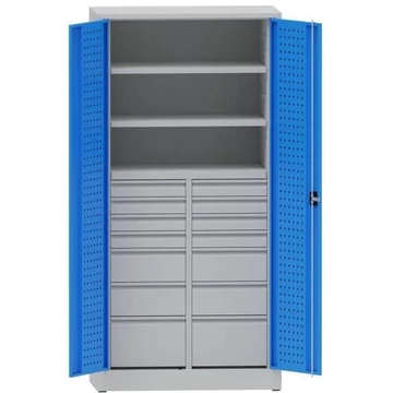 Műhelyszekrény perforált panelekkel, 2 polc, 14 fiók, ma x sz x mé: 1950x950x500 mm, világosszürke RAL7035 / világoskék RAL5012