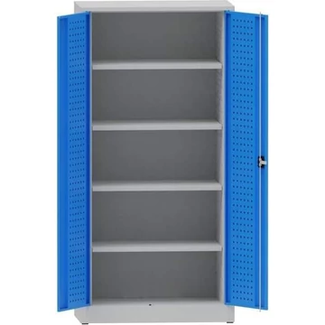 Műhelyszekrény perforált panelekkel, 4 polccal, ma x sz x mé: 1950x950x500 mm, világosszürke RAL7035 / világoskék RAL5012