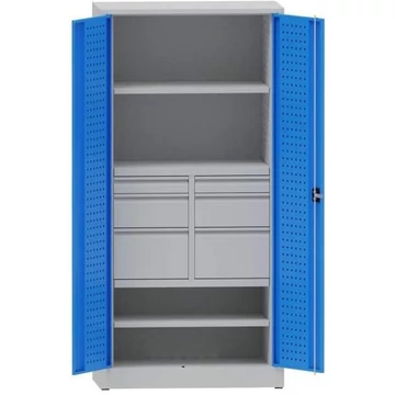 Műhelyszekrény perforált panelekkel, 2 polc, 6 fiók, ma x sz x mé: 1950x950x500 mm, világosszürke RAL7035 / világoskék RAL5012