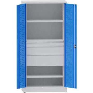 Műhelyszekrény perforált panelekkel, 2 polc, 3 fiók, ma x sz x mé: 1950x950x500 mm, világosszürke RAL7035 / világoskék RAL5012