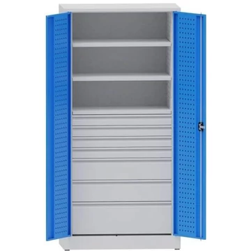 Műhelyszekrény perforált panelekkel, 2 polc, 7 fiók, ma x sz x mé: 1950x950x500 mm, világosszürke RAL7035 / világoskék RAL5012