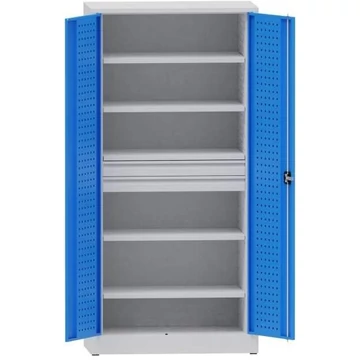 Műhelyszekrény perforált panelekkel, 4 polc, 2 fiók, ma x sz x mé: 1950x950x500 mm, világosszürke RAL7035 / világoskék RAL5012