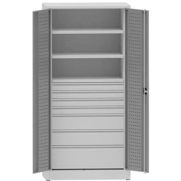 Műhelyszekrény perforált panelekkel, 2 polc, 7 fiók, ma x sz x mé: 1950x950x500 mm, világosszürke RAL7035