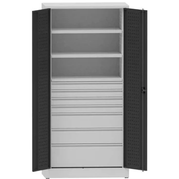 Műhelyszekrény perforált panelekkel, 2 polc, 7 fiók, ma x sz x mé: 1950x950x500 mm, világosszürke RAL7035 / antracit RAL7016