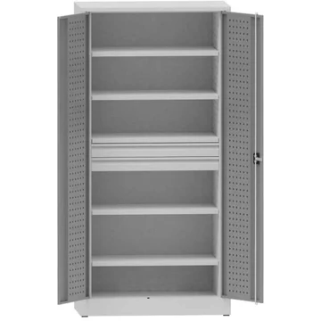 Műhelyszekrény perforált panelekkel, 4 polc, 2 fiók, ma x sz x mé: 1950x950x500 mm, világosszürke RAL7035