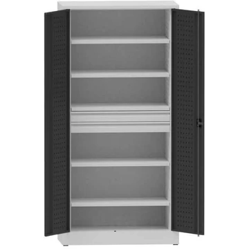 Műhelyszekrény perforált panelekkel, 4 polc, 2 fiók, ma x sz x mé: 1950x950x500 mm, világosszürke RAL7035 / antracit RAL7016