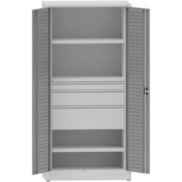 Műhelyszekrény perforált panelekkel, 2 polc, 3 fiók, ma x sz x mé: 1950x950x500 mm, világosszürke RAL7035
