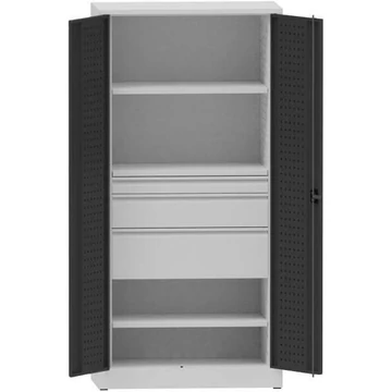 Műhelyszekrény perforált panelekkel, 2 polc, 3 fiók, ma x sz x mé: 1950x950x500 mm, világosszürke RAL7035 / antracit RAL7016