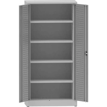 Műhelyszekrény perforált panelekkel, 4 polccal, ma x sz x mé: 1950x950x500 mm, világosszürke RAL7035