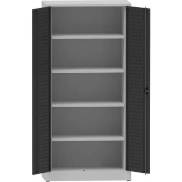 Műhelyszekrény perforált panelekkel, 4 polccal, ma x sz x mé: 1950x950x500 mm, világosszürke RAL7035 / antracit RAL7016