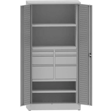 Műhelyszekrény perforált panelekkel, 2 polc, 6 fiók, ma x sz x mé: 1950x950x500 mm, világosszürke RAL7035