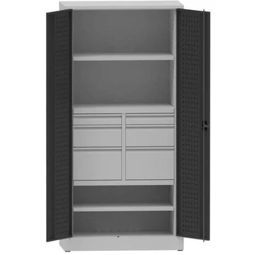 Műhelyszekrény perforált panelekkel, 2 polc, 6 fiók, ma x sz x mé: 1950x950x500 mm, világosszürke RAL7035 / antracit RAL7016