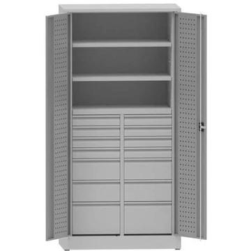 Műhelyszekrény perforált panelekkel, 2 polc, 14 fiók, ma x sz x mé: 1950x950x500 mm, világosszürke RAL7035