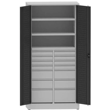 Műhelyszekrény perforált panelekkel, 2 polc, 14 fiók, ma x sz x mé: 1950x950x500 mm, világosszürke RAL7035 / antracit RAL7016