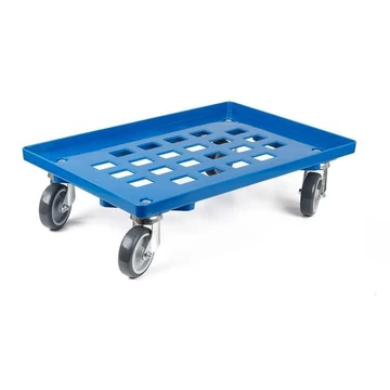 Szállító kocsi 600 x 400 mm, rácsfelülettel, 4 görgő gumi futófelülettel, kék színű.