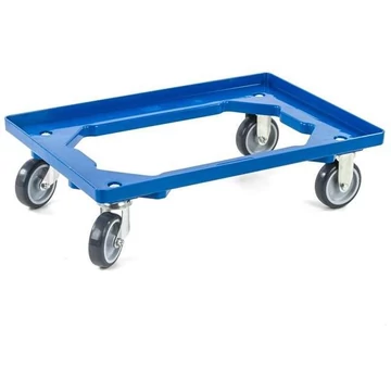 Szállító kocsi 600 x 400 mm, nyitott, 2 beálló és 2 fix görgő gumi futófelülettel, kék színű.