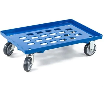 Szállító kocsi 600 x 400 mm, rácsfelülettel, 2 beálló és 2 fix görgő gumi futófelülettel, kék színű.