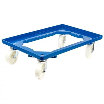Szállító kocsi 600 x 400 mm, nyitott, 4 beálló görgő műanyag kerekekkel, kék színű.