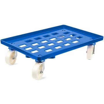 Szállító kocsi 600 x 400 mm, rácsfelülettel, 4 beálló görgő műanyag kerekekkel, kék színű.