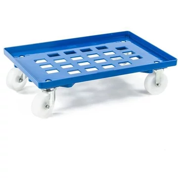 Szállító kocsi 600 x 400 mm, rácsfelülettel, 4 beálló és 2 fix görgő műanyag kerekekkel, kék színű.