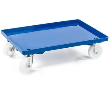 Szállító kocsi 600 x 400 mm, zárt, 2 beálló és 2 fix görgő műanyag kerekekkel, kék színű.