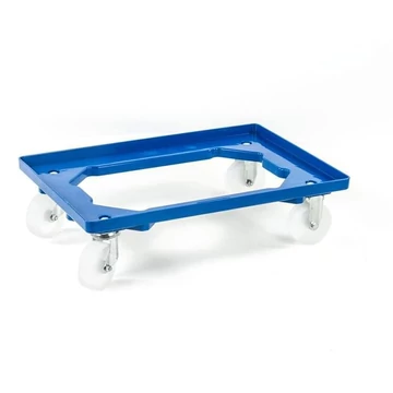 Szállító kocsi 600 x 400 mm, nyitott, 2 beálló és 2 fix görgő műanyag kerekekkel, kék színű.