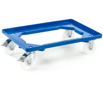 Szállító kocsi 600 x 400 mm, nyitott, 4 beálló görgő (2 fékkel) műanyag kerekekkel, kék színű.